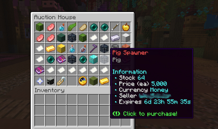 A Minecraft menu interface showing different items auctioned off by players, ready to be bought by other players.