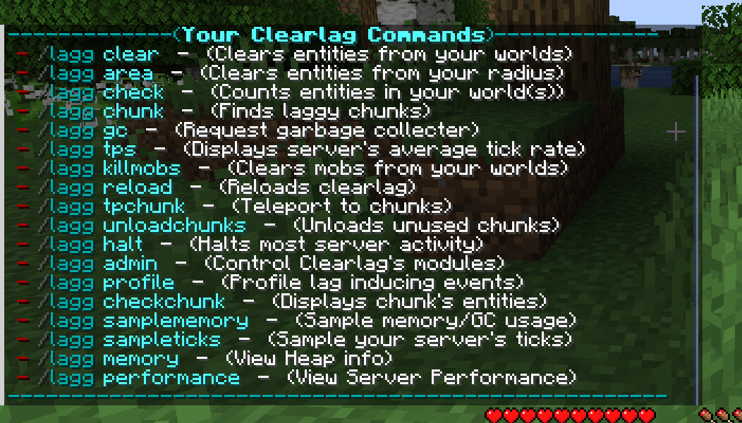 A Minecraft chat showing the different commands of the ClearLagg Spigot plugin.