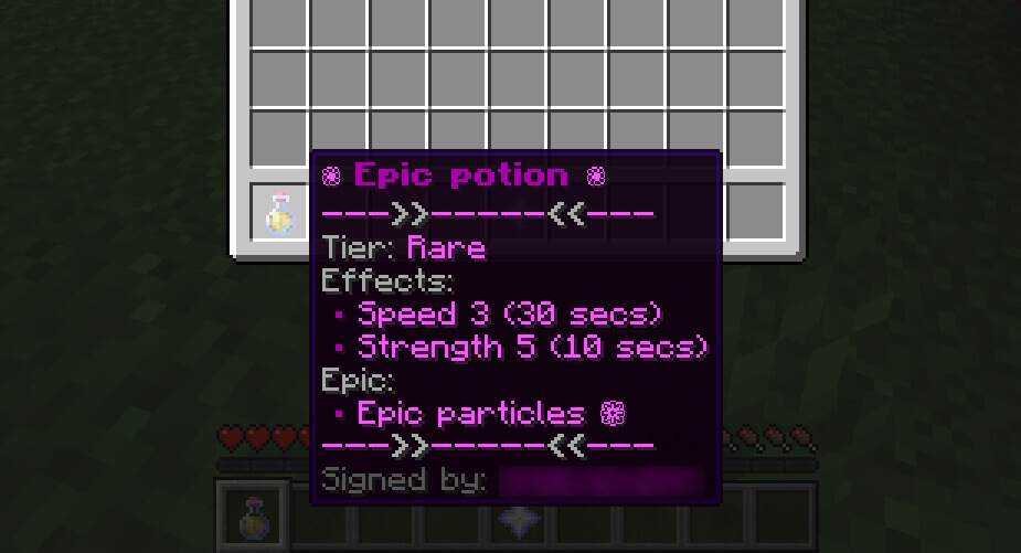 A Minecraft potion with unique effects added to the game with the CustomItems Spigot plugin.