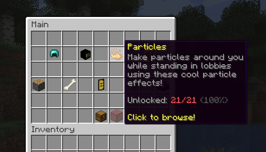 A Minecraft menu interface showing custom cosmetic options provided by the GadgetsMenu Spigot plugin.