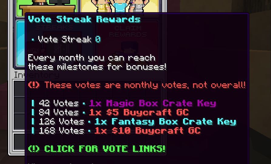 A minecraft in-game voting menu showing the player's voting streak.