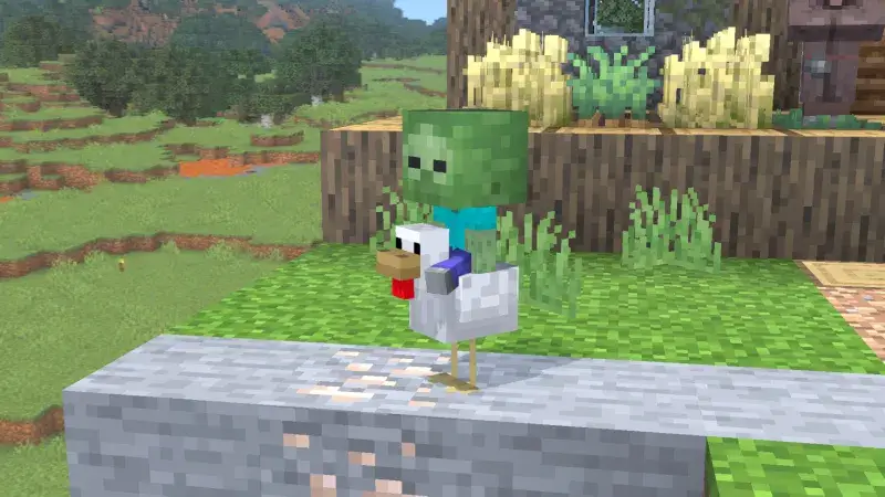 A Chicken Jockey standing near a village.