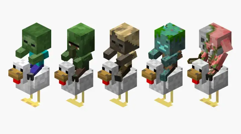 Multiple variations of the Chicken Jockey mob.